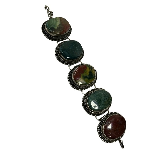 Vintage Multi Color Oval Cabochon Agate Stone Link Bracelet - Picture 5 of 10